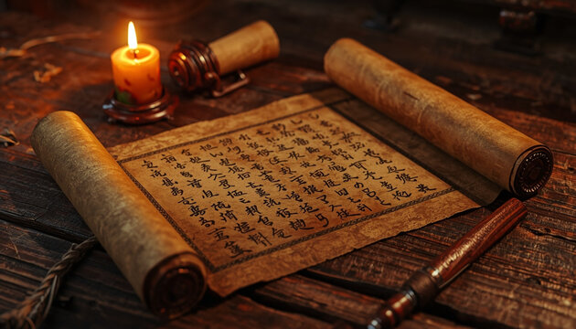 Ancient scroll with chinese characters and glowing candle on a rustic wooden table
