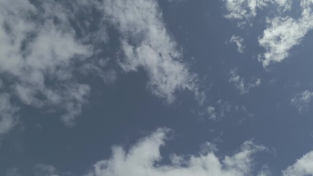 Cinematic 4k aerial view of fluffy white clouds moving across a deep blue sky, high-altitude drone footage of natural cloudscape, peaceful nature background, clear sunny weather