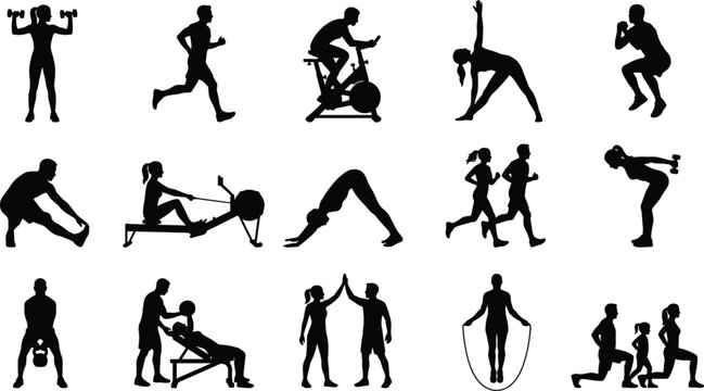 Set of Gym Fitness Icons with Silhouettes of People Exercising Stretching Running and Weightlifting