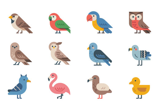 Colorful Cute Birds Vector Elements Set