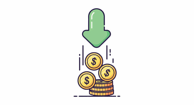 Falling Coins Downward Arrow Icon Representing Financial Loss.
