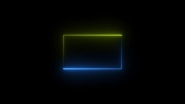 Glowing neon rectangle animation with luminous banner effect in blue and yellow colors on black background , 4K motion graphis.his.
