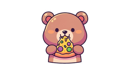 Fototapeta premium Cute Bear Eating Pizza Slice Cartoon Illustration.