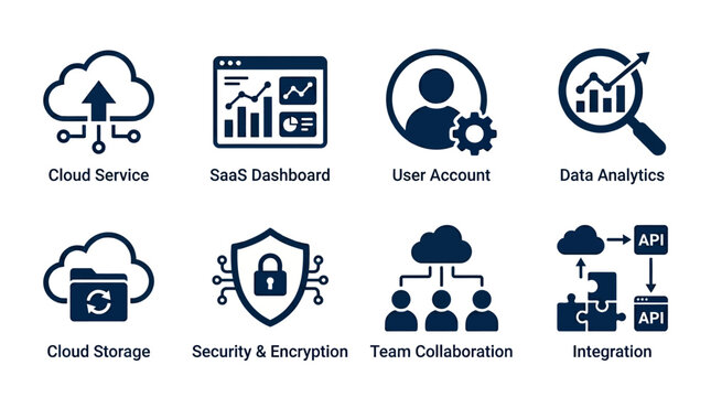 Cloud service icons representing various digital solutions for data management and analytics