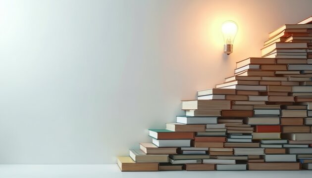Book stack forms stairs leading up to glowing light bulb, concept of knowledge and education. Idea, learning and wisdom path. Intellectual growth and discovery.