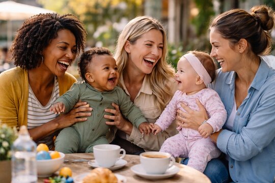 Women socializing with babies at cafe