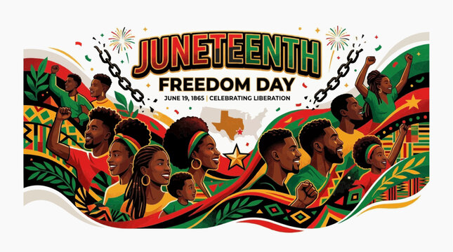 Powerful Juneteenth Freedom Day Background with Diverse Black Profiles and Pan-African Colors &ndash; Modern 2D Celebration Design Isolated on White for Banners