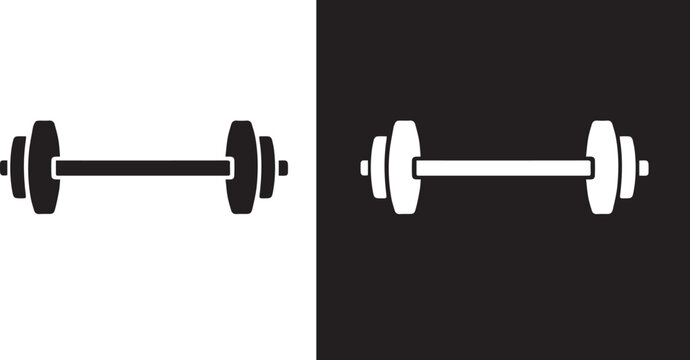 Black and white barbell icon, isolated on white and black  background. Weight-lifting symbol. Sport equipment. Vector illustration.