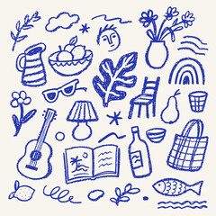 Fototapeta premium Blue Crayon Scribble Clipart Set in Naive Artstyle with Mediterranean Travel and Lifestyle Elements