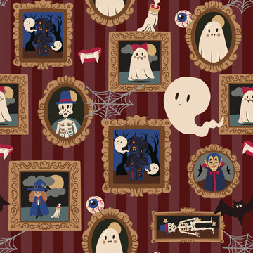 Halloween portrait seamless pattern with ghosts skeletons vampire vintage frames spooky decor illustration