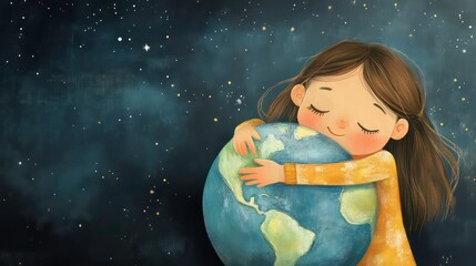 Naklejka premium In a conceptual illustration, a young girl hugs the globe, expressing care and affection for Earth.