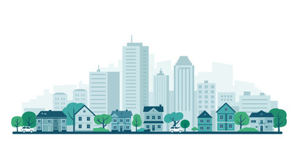 stylized flat illustration of a city skyline with buildings and trees on a white background © Peradox