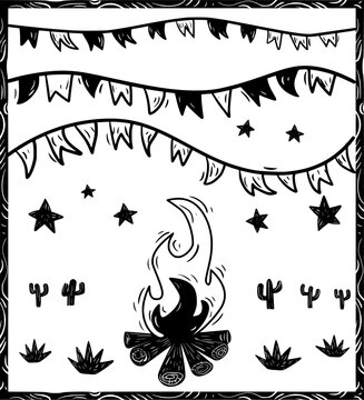 Festa Junina bonfire with flags and stars woodcut style