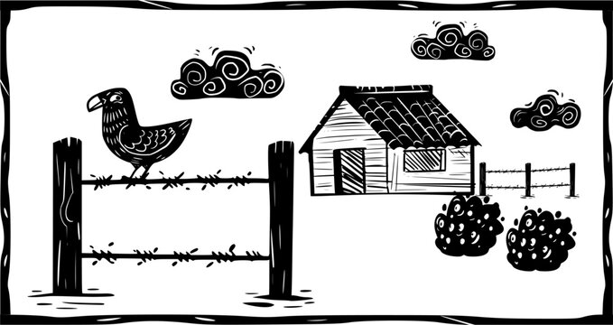 Hand-drawn rural farmhouse scene with bird on fence. Woodcut style