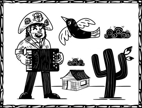 Hand-drawn accordion musician with bird and rural scene. woodcut style