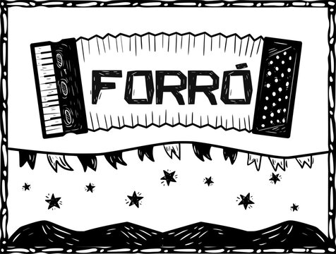 hand-drawn accordion with "forro" letter in country scenary. Woodcut Style.
