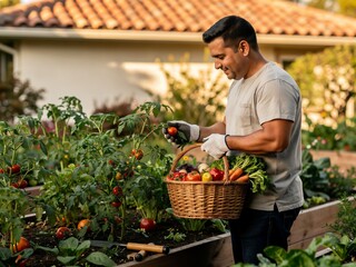 Fototapeta premium Latin American adult harvesting vegetables, sustainable food systems