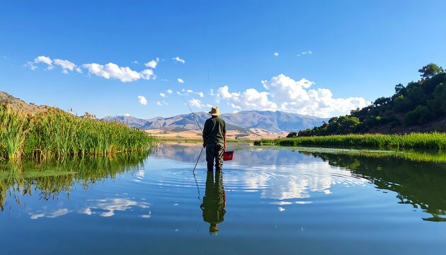 A person in a hat stands fishing waist-deep in a calm body of water with reed beds, mountains, and a blue sky with fluffy clouds