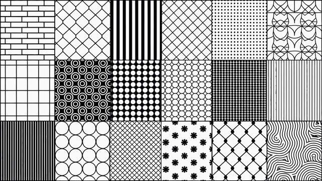 geometric pattern collection black and white tiled designs in a grid arrangement