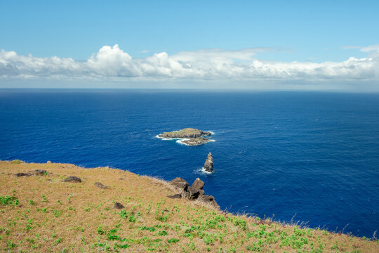 View of Motu Nui island from Orongo cliffs in Easter Island