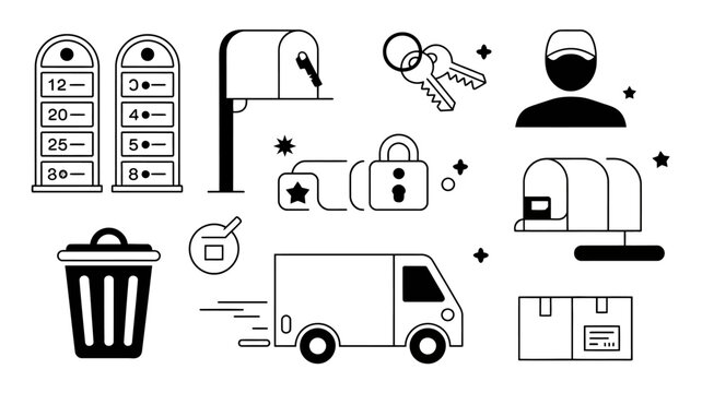 delivery service icons set including mailbox keys van and package in black and white
