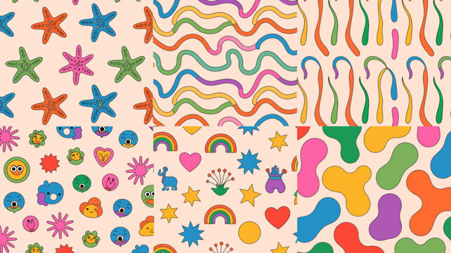 playful illustration of colorful starfish wavy lines smiling faces and abstract shapes on a peach background