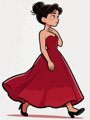 Fototapeta premium This cartoon illustration shows a young woman in a red strapless formal gown walking gracefully, with her hair styled in a bun and wearing black high heels.
