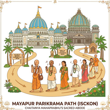 People walking at Mayapur ISKCON Chaitanya Mahaprabhu sacred path isolated on transparent background, Vector