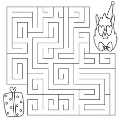 Birthday maze game for kids. Cute llama looking for a way to the gift. Printable worksheet with solution for school and preschool. Vector cartoon illustration. © Maria Kololeeva