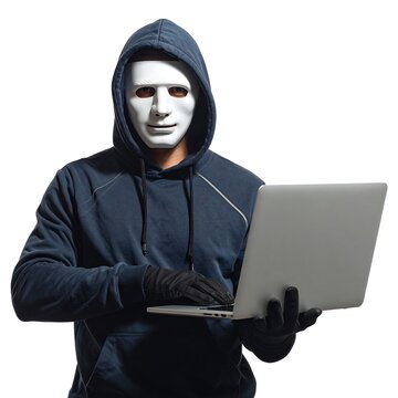 A person in a hoodie and a white mask works on a laptop, black gloves on, with a white background