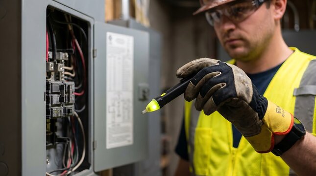 Skilled electrician in safety gear, including hard hat and gloves, using an illuminated voltage tester near an open circuit breaker panel. Professional electrical safety inspection.