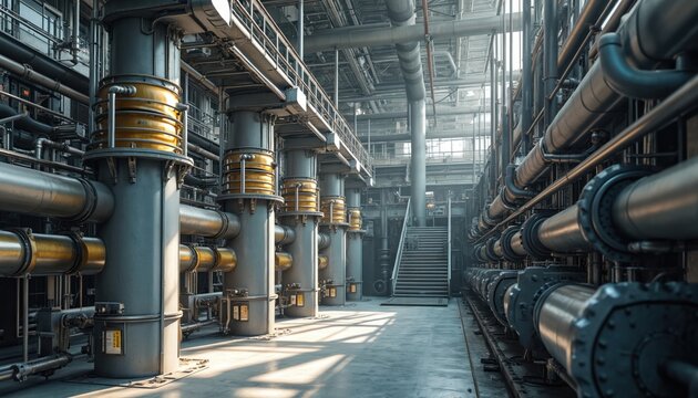 Complex industrial facility with large pipes and machinery. Steel structures and tubes dominate this powerful energy production plant interior. Clean concrete floor and high ceilings.