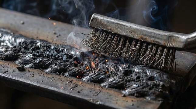 A detailed shot of a metal wire brush removing slag from a hot weld seam, with smoke and glowing embers. Perfect for metalworking, fabrication, and industrial themes.