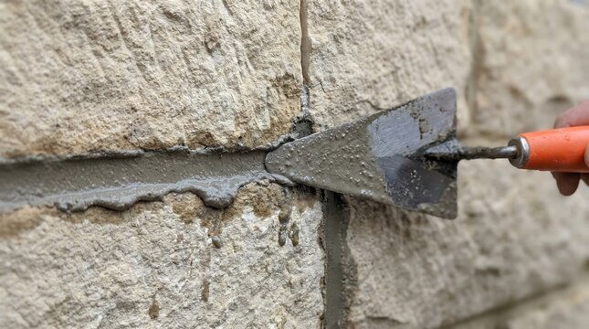 Close-up of a worker using a trowel to apply wet mortar into the joints of a rough stone wall, showcasing masonry work and construction details.