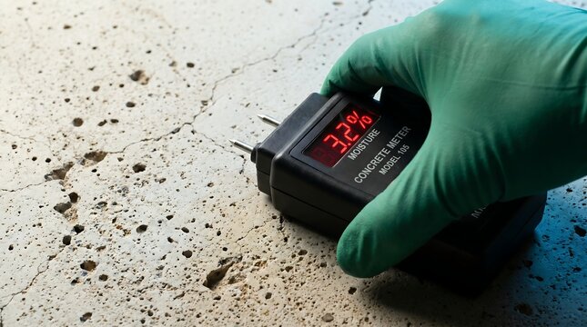 A gloved hand uses a concrete moisture meter to check the humidity level, displaying 3.2%. Essential for construction, inspection, and maintenance of building materials.