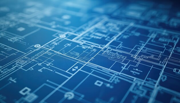 Blue engineering blueprint displays complex building plans, technical schematics with detailed lines, geometric shapes. Abstract design represents innovation, futuristic construction concepts for