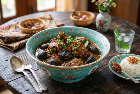 Ayam Buah Keluak,traditional Peranakan chicken stew with black nuts in Ornate Peranakan Porcelain Bowl