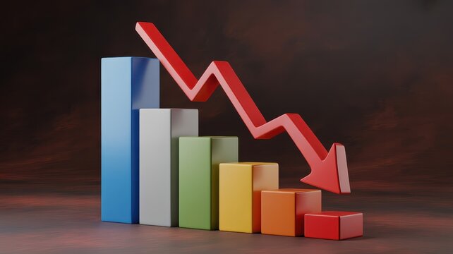Colorful bar chart showing a downward trend with a red declining arrow representing financial market loss