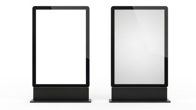 Two vertical black digital signage displays with blank white screens side by side