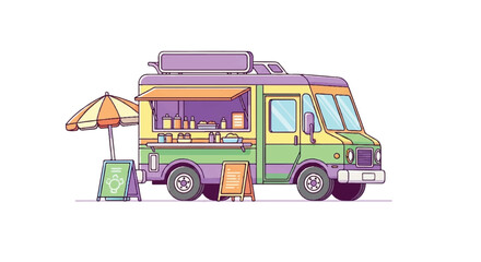 Colorful Food Truck Illustration with Umbrella and Sign.