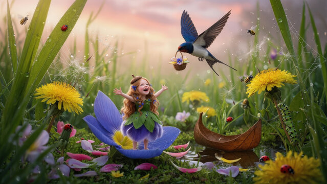 Piccola fata felice su un fiore in un magico giardino primaverile