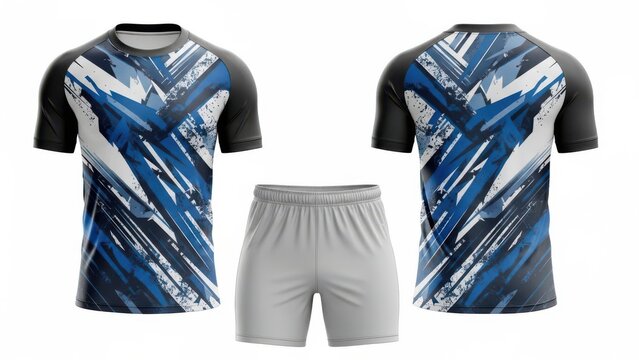 Abstract patterned athletic t-shirt and grey shorts uniform set design