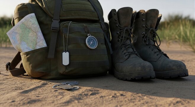 Soldier gear including tactical backpack, military boots, dog tag and navigation map on sandy ground. Army equipment concept, preparation for patrol mission or combat field operation.