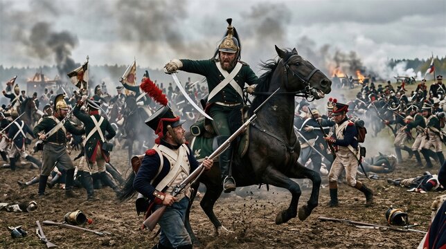 Cavalryman on horse attacking with sword during intense historic battle on field. Soldier infantryman firing musket in chaos of fight. Army conflict reenactment in smoke and fire.