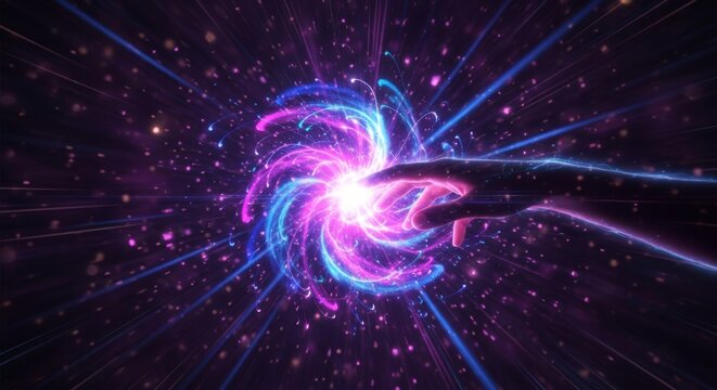 Hand Touching Futuristic Digital Energy Portal Glowing Blue and Pink Neon Light Cyber Concept