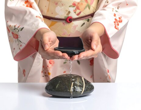 A person in a kimono holds a small container over a patterned stone, with water pouring onto the surface
