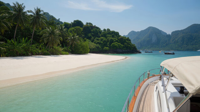 Vista da uno yacht su una spiaggia tropicale deserta con sabbia bianca e palme