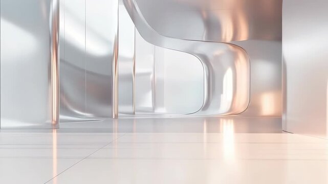 Light shines through the open space, highlighting smooth walls and floors. The design features curves and reflective surfaces. This area shows a blend of shape and light effects