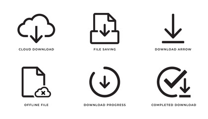 Fototapeta premium Set of 6 Minimalist Download and File Management Icons in Flat Outline Style