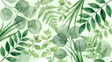 Fototapeta premium A beautiful watercolor pattern featuring an assortment of green botanical leaves and delicate foliage on a clean white background, creating a fresh and natural design.